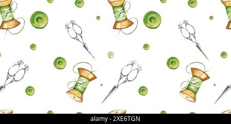 Motifs sans couture boutons verts différentes formes, aiguilles, fils, ciseaux. Illustration aquarelle. Pour les blogs, sites Web, artisanat, outils de couture P Banque D'Images