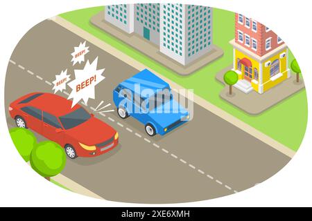 Illustration conceptuelle plate isométrique 3D de Angry car Driver , klaxon pour aucune raison 3D Isomtric Flat Conceptual illust Banque D'Images