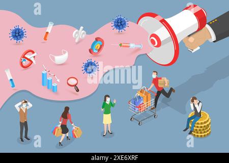 Illustration conceptuelle 3D Isométrique plate de la panique COVID-19, pandémie d'infection virale mondiale 3D Isométrique plate conceptuelle Illu Banque D'Images