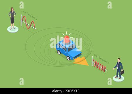 3D Isométrique plat illustration conceptuelle de l'effet Doppler, explication pédagogique des ondes changement de fréquence 3D Isométrique F Banque D'Images