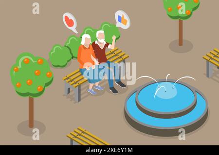 3D Isomtric Flat illustration conceptuelle d'un couple de personnes âgées heureux, retraite Outdoor relaxation 3D Isomtric Flat Conceptual Banque D'Images