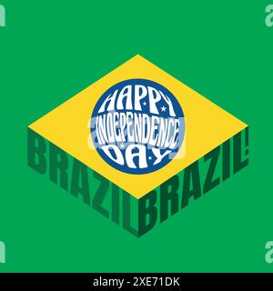 Joyeux jour de l'indépendance Brésil modèle de typographie. Concept de texte créatif dans un cercle avec drapeau brésilien isolé sur fond vert. Illustration de Vecteur