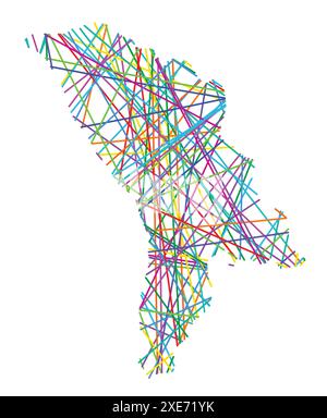 Carte abstraite de la Moldavie montrant le pays avec des lignes colorées croisées aléatoires comme une toile d'araignée Illustration de Vecteur