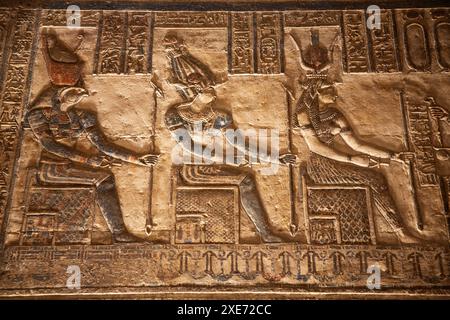 Reliefs du Dieu Horus à gauche avec Pharaon au centre et la déesse Hathor à gauche, Sanctuaire, Temple de Hathor, Dendera, Qena, Égypte, Afrique du Nord Banque D'Images