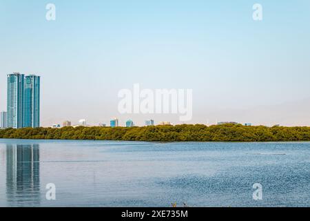 Remblai de la ville de Donetsk le long de la rivière Kalmius. Les bâtiments à plusieurs étages s'élèvent. Un pont traverse la rivière reliant une partie de la ville. Q élevé Banque D'Images