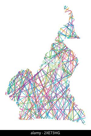 Carte abstraite du Cameroun montrant le pays avec des lignes colorées croisées aléatoires comme une toile d'araignée Illustration de Vecteur