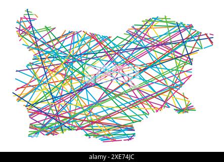 Carte abstraite de la Bulgarie montrant le pays avec des lignes colorées croisées aléatoires comme une toile d'araignée Illustration de Vecteur