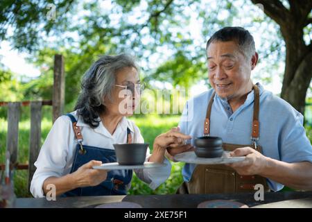 Dans l'atelier de poterie, un couple de retraités asiatiques est engagé dans des activités de fabrication de poterie et de peinture d'argile. Banque D'Images