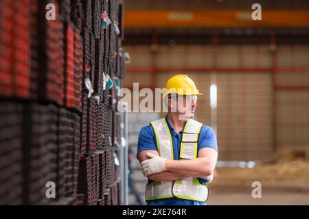 Portrait d'un ouvrier de la construction debout avec les bras croisés devant le mur de matériaux en acier Banque D'Images