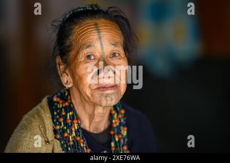 Portrait d'une femme avec des bouchons de nez et tatouage facial, tribu Apatani, vallée de Ziro, Arunachal Pradesh, Inde, Asie Banque D'Images