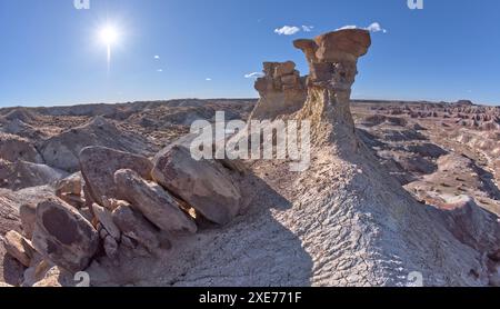 Un hoodoo de roche solitaire dans les badlands violets près de Hamilili point à l'extrémité sud du parc national Petrified Forest, Arizona, États-Unis Banque D'Images