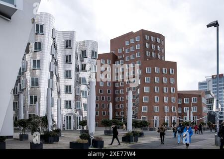 Vue sur le Neuer Zollhof (le nouveau Zollhof), une partie du port réaménagé de Dusseldorf, Dusseldorf, Rhénanie du Nord Westphalie, Allemagne Banque D'Images