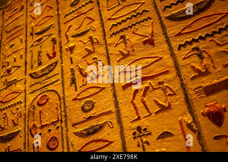 Vue des hiéroglyphes en KV8, le tombeau de Merenptah, Vallée des Rois, site du patrimoine mondial de l'UNESCO, Thèbes, Egypte, Afrique du Nord, Afrique Banque D'Images