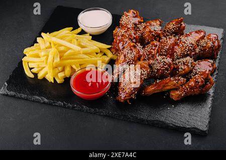 Ailes de poulet avec cuisses en sauce chinoise avec frites Banque D'Images