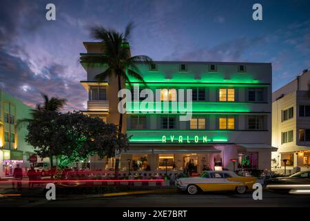 Architecture art déco d'Ocean Drive la nuit, South Beach, Miami, comté de Dade, Floride, États-Unis d'Amérique, Amérique du Nord Copyright : BenxPipe 8 Banque D'Images