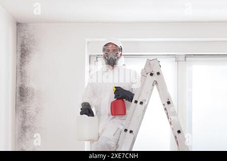 Service professionnel d'enlèvement de moisissure : travailleur sur l'échelle portant une combinaison de protection, des gants, des lunettes et un masque respiratoire. Tenant le flacon pulvérisateur et le jerrican p Banque D'Images