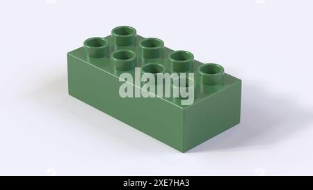 Bloc Lego en plastique vert menthe sur un fond blanc. Brique de jouet pour enfants, vue en perspective. Vue rapprochée d'un bloc de jeu pour constructeurs. Rendu 3D. 8K Ultra HD, 7680 x 4320, 300 dpi Banque D'Images