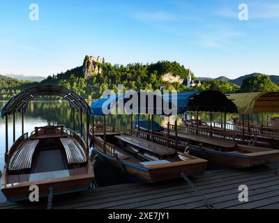 Bateaux traditionnels en bois ou plentna amarrés sur le lac de Bled avec le château de Bled derrière Bled haute Carniola Slovénie Banque D'Images