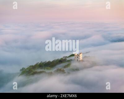 Haldon Belvedere (château de Lawrence) à l'aube par un matin brumeux dans le Devon, Angleterre. Printemps (mai) 2024. Banque D'Images