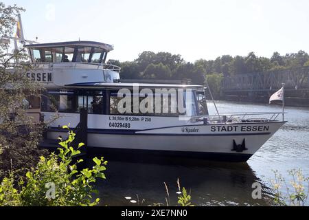 Ausflugsschiffe im Ruhrgebiet Ein Schiff der weißen flotte mit dem Namen Stadt Essen fährt auf dem Baldeneysee mit elektrischem Antrieb. Die Dieselbetriebenen Ausflugsschiffe gibt es nicht mehr. Essen Nordrhein-Westfalen Deutschland Baldeneysee *** bateaux d'excursion dans la région de la Ruhr Un navire de la flotte blanche nommé Stadt Essen navigue sur le lac Baldeney à propulsion électrique les bateaux d'excursion diesel n'existent plus Essen Rhénanie du Nord-Westphalie Allemagne Lac Baldeney Banque D'Images