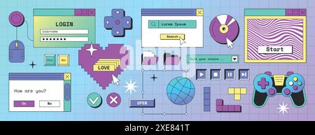 Anciens éléments d'écran de pc de bureau dans le style y2k. Interface ordinateur rétro avec boîte de connexion, boutons, cadres de message, fenêtres, dossier avec des fichiers, contrôleur de jeu, barre de recherche, icône de coeur de pixel. Autocollants geek. Illustration de Vecteur