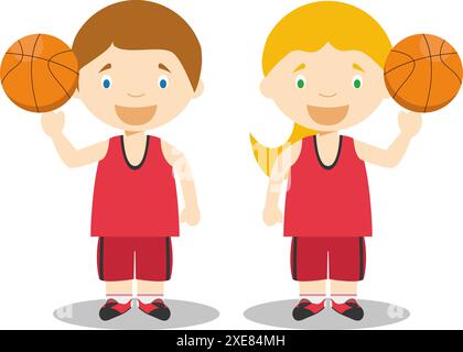 Illustrations vectorielles sportives : personnages de dessins animés masculins et féminins de basket-ball Illustration de Vecteur