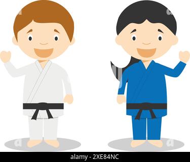 Illustrations vectorielles sportives : personnages de dessins animés masculins et féminins de judo ou de karaté Illustration de Vecteur