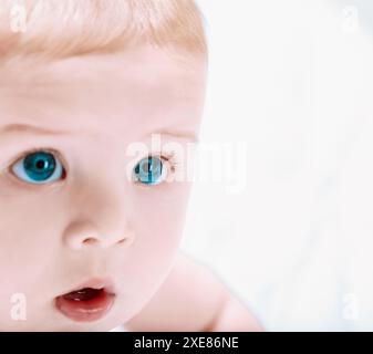 Adorable bébé garçon avec de grands yeux bleus regarde curieusement la caméra, rayonnant d'innocence et de mignonnerie sur un fond blanc, capturant l'essence Banque D'Images