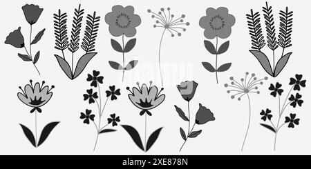 Motifs floraux noirs et blancs chics avec diverses fleurs et feuilles dans un design détaillé et sans couture Illustration de Vecteur