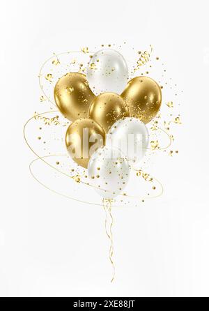 Bouquet 3D réaliste de ballons blancs et dorés. Illustration de Vecteur