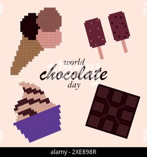 Bonne journée mondiale du chocolat. Icônes de chocolat Pixel. Collection d'éléments pixel pour impressions, cartes, affiches, bannières, décoration de produits. Illustration de Vecteur