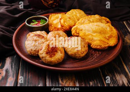 Boulettes de viande et côtelettes de poulet frites sur l'assiette Banque D'Images