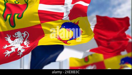 Auvergne-Rhône-Alpes et drapeaux nationaux français agitant par temps clair Banque D'Images