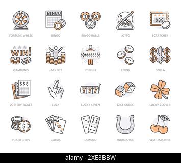 Lottery winner flat line icons set. Win money gambling, casino poker, bingo, wheel of fortune, scratch card vector illustrations. Outline signs for Illustration de Vecteur