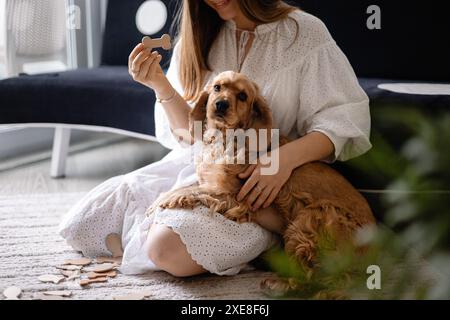 Chien Cocker spaniel jouant et câlin avec sa propriétaire sur le sol à la maison Banque D'Images