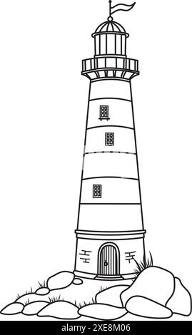 Phare de vecteur sur un rocher. Illustration linéaire de la balise. Dessin de contour de la maison de lumière pour la conception de douche de bébé dans le style nautique et les livres de coloriage enfantin. Paysage marin pour l'affiche des enfants. Illustration de Vecteur