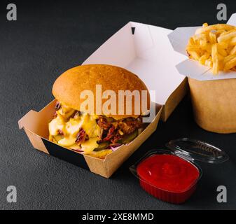 Hamburger de porc effiloché et frites Banque D'Images