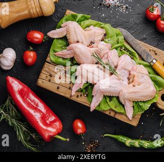 Ailes de poulet crues avec des ingrédients pour la cuisson sur une planche à découper en bois Banque D'Images