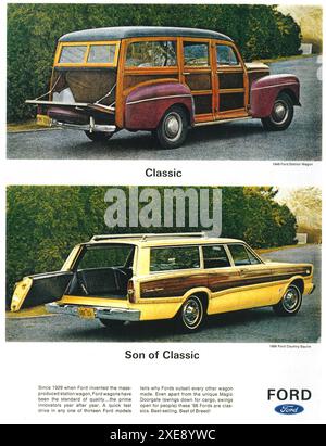 Annonce Ford Woody 1946 + Country Squire Station Wagon 1966 Banque D'Images