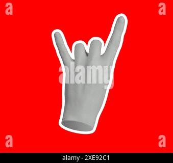 . Rock, geste de la main, signe des doigts de cornes, style de conception gris et rouge vif.. Banque D'Images
