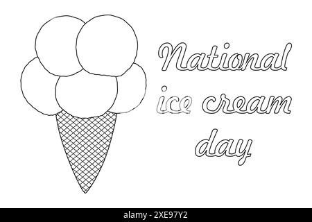 Livre de coloriage National Ice Cream Day avec un cornet de gaufres et plusieurs cuillères à crème glacée. Parfait pour les projets sur le thème de l'été et les activités de vacances Illustration de Vecteur