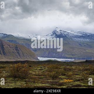 Islande automne paysage de toundra près du glacier de Haoldukvisl, Islande. La langue du glacier glisse de la carte de la Vatnajokull ou de la Vatna GL Banque D'Images