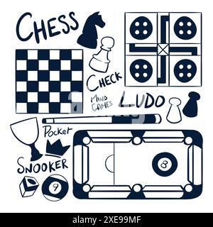 Jeux de société dessinés à la main des griffonnages sportifs. Jeux de société dessin doodles vecteur. Chess Pool Snooker Ludo dessin Illustration de Vecteur