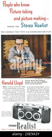 1945 publicité pour caméra 3D stéréo réaliste avec Harold Lloyd Banque D'Images