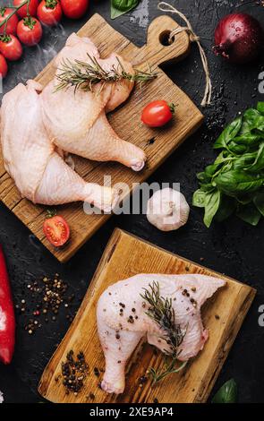 Cuisses de poulet cru frais, jambes sur une planche à découper avec des épices Banque D'Images