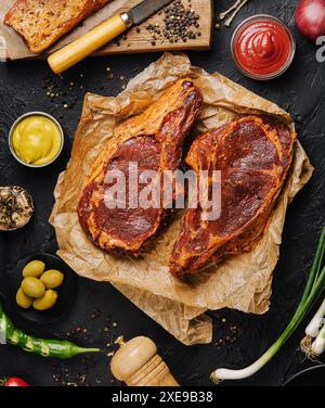 Vue de dessus sur le steak de bœuf mariné Banque D'Images