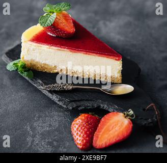 Tranche de cheesecake à la fraise gros plan sur un sombre Banque D'Images