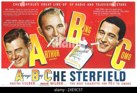 1948 Chesterfield cigarettes annonce avec Bing Crosby, Arthur Godfrey, Perry Como Banque D'Images