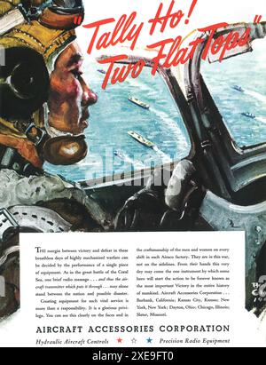 1943 WW2 WWII Aircraft Accessories Corporation ad -Tally Ho! Two Flat Tops Battle Coral Sea - commandes d'avion hydrauliques - équipement radio de précision Banque D'Images