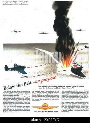 1944 WW2 Shell Oil ad - US Navy Torpedo Bomber Aircraft The Avenger - «carburant plus fin pour l'âge du vol.» Banque D'Images